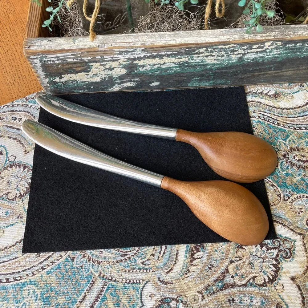 Teak or Acacia stainless serving utensils Salad mid century modernist vtg 70s